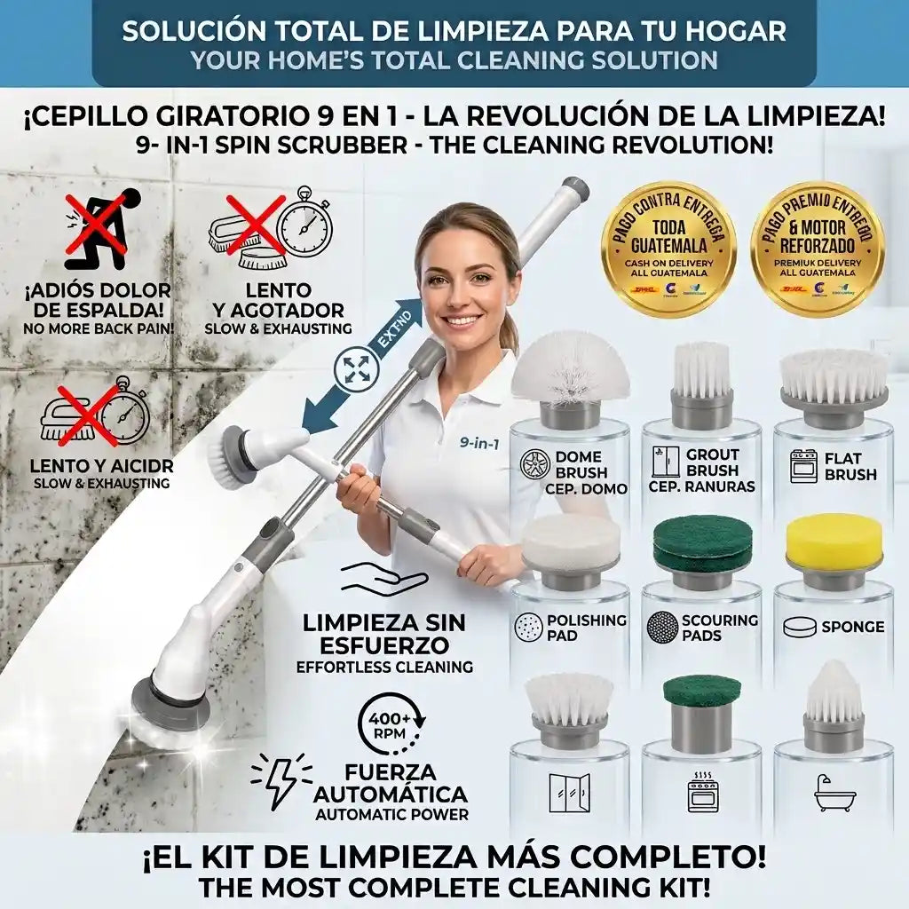 Cepillo Eléctrico Giratorio 9 en 1 - Limpieza Profunda Sin Esfuerzo ⚡