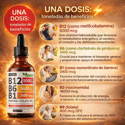 ¡Dile adiós al cansancio! Recupera tu energía al instante con el Complejo B Líquido de rápida absorción. ⚡